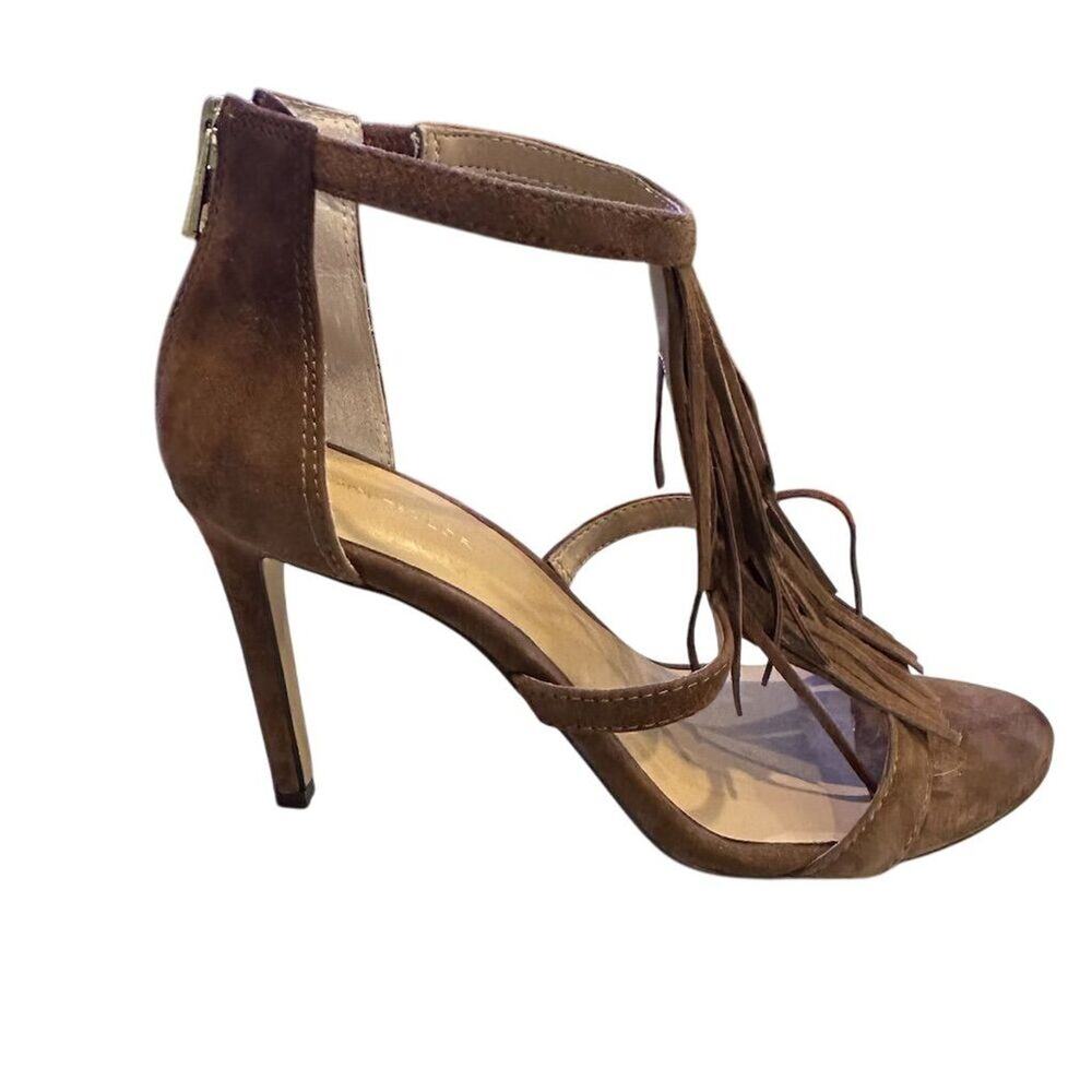 Anne Taylor Women's Brown Suede Fringe T-Strap Open Toe Pumps 6.5 - Picture 4 of 9
